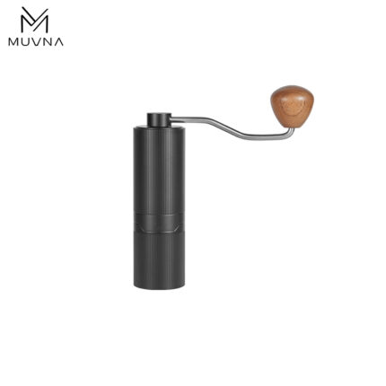 Vista frontal de un molino de café manual acero inoxidable negro marca Muvna con pomo de madera ergonómico.