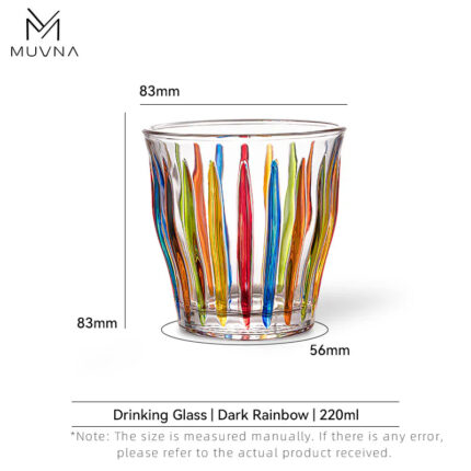 Vaso multicolor para café 220 ml marca MUVNA Tivat Glass Cup con diseño de relieves coloridos "Dark Rainbow" y medidas técnicas.