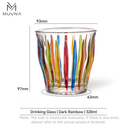Vaso multicolor para café 320 ml marca MUVNA Tivat Glass Cup con diseño de relieves coloridos "Dark Rainbow" y medidas técnicas.