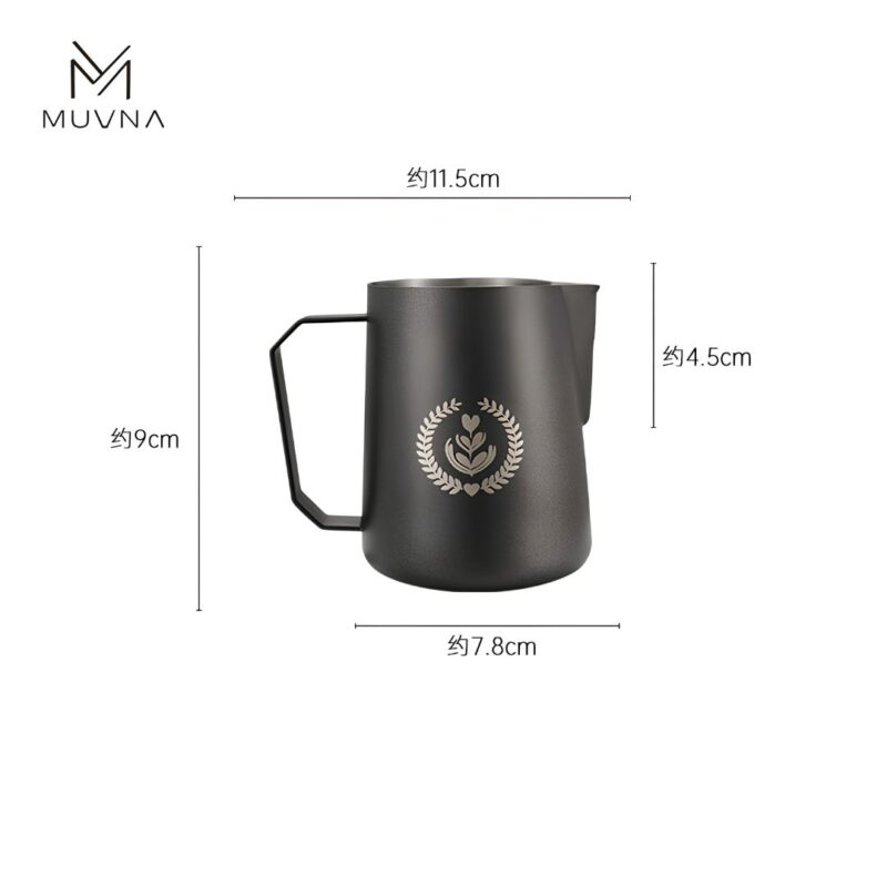 Jarra para arte latte MUVNA negro de 350ml con pico afilado para trazos nítidos y detallados
